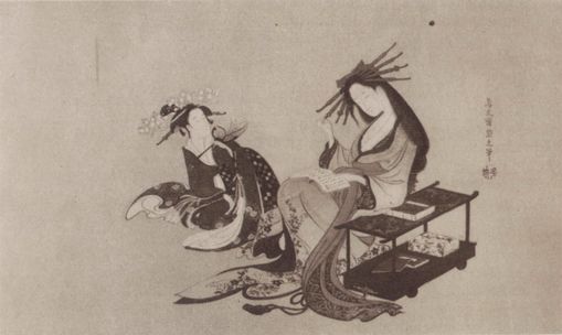 Grabado japonés de una oirán con su kamuro