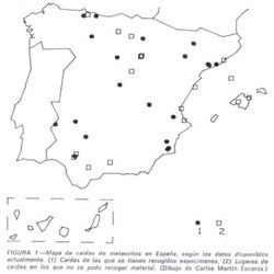 Mapa de caídas de meteoritos en Espanya por Martin-Escorza