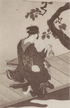 Lámina japonesa de okasan (madre) se entretiene mostrando a su musuko (hijo) los lindos pececitos que nadan incansablemente en las mansas aguas de la pecera
