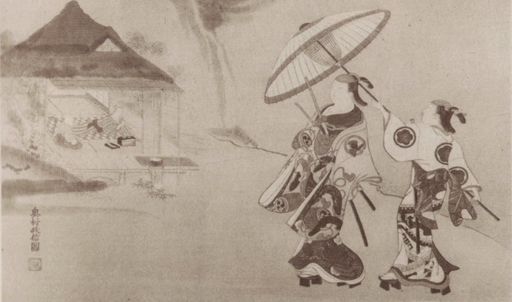 Grabado japonés de un personaje bajo una sombrilla Masanobu