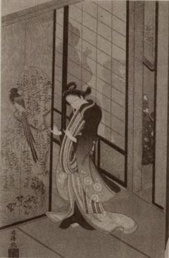 Grabado antiguo japones de geisha en casa de te