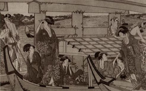 Grabado antiguo japones de geishas paseando con barco