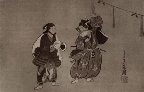 Lámina antigua japonesa sobre el Mandzai manzai