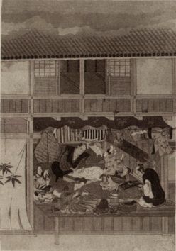 Lámina antigua japonesa de taller de kimonos