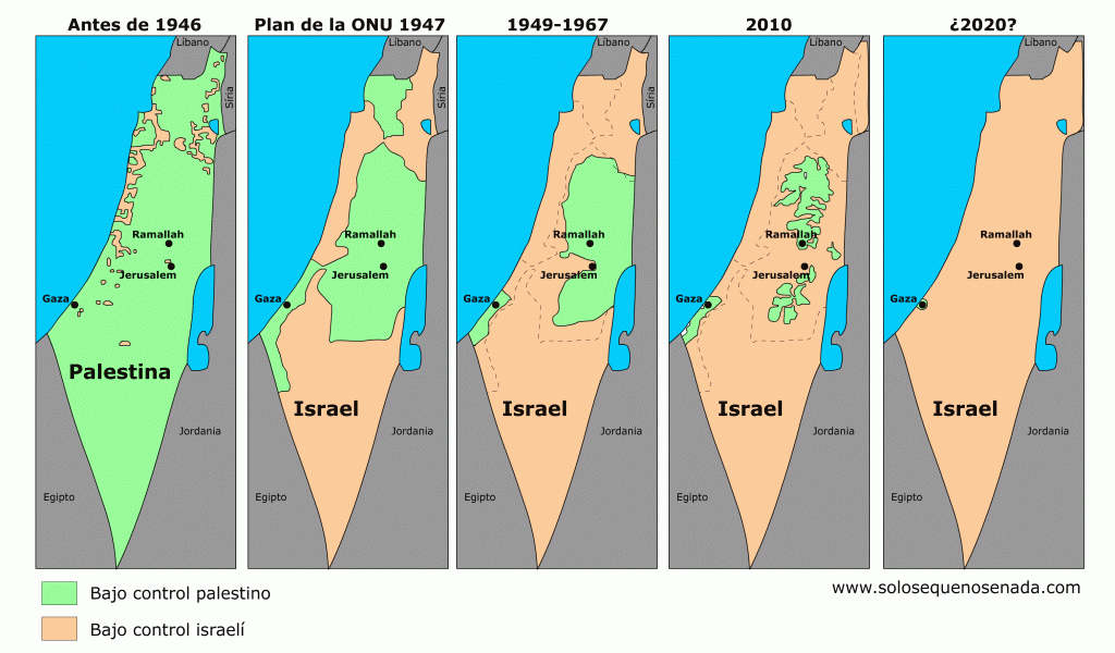 Mapa de la evolucón de Israel y Palestina a lo largo de los años.