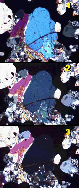 Ejemplo S1: Cuando un grano de olivino sin choque, se hace girar la luz polarizada con un microscopio petrográfico, que se extingue (oscuro) de manera uniforme.
