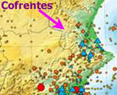 Mapa de la central nuclear de Cofrentes y terremotos cercanos